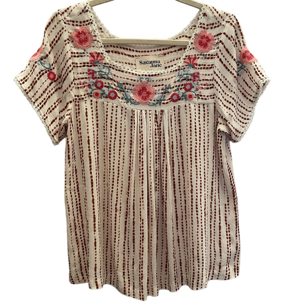 Savanna Jane Blouse Top Womens Small Brown Embroidered lace Trim Boho Peasant